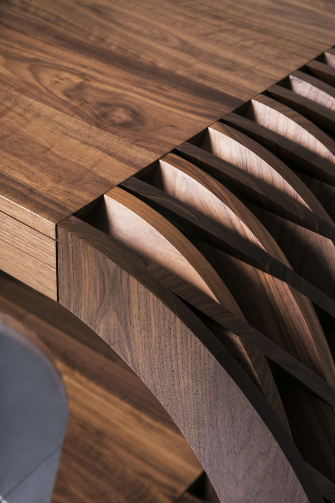 Solid walnut desk worktop detail