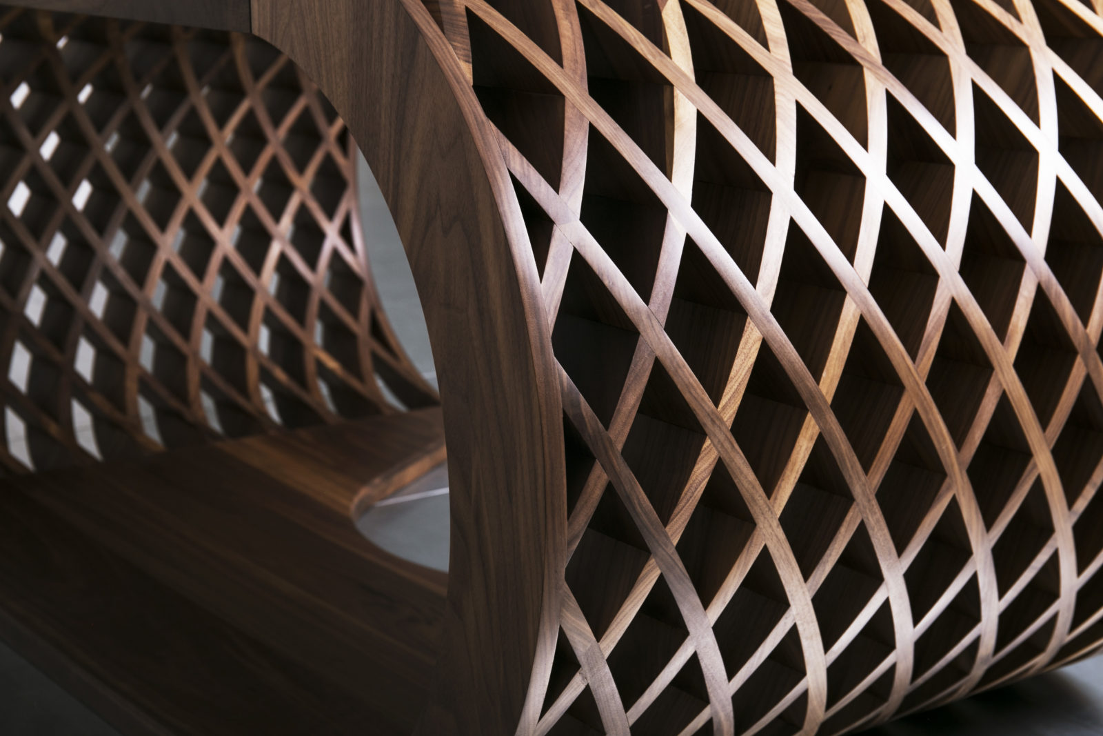Curved oiled solid walnut criss cross pattern