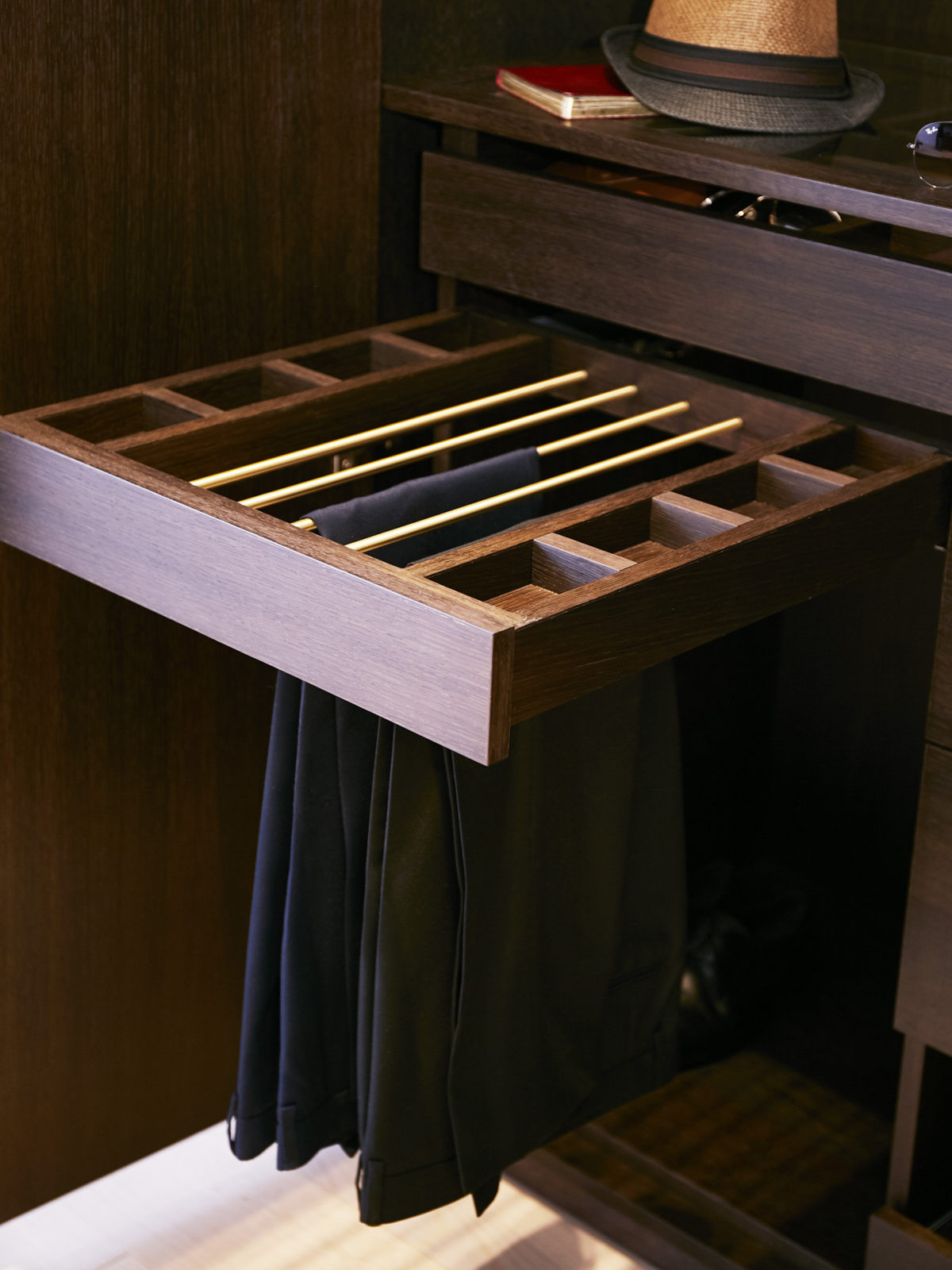 fumed oak pull out trouser rack with compartments