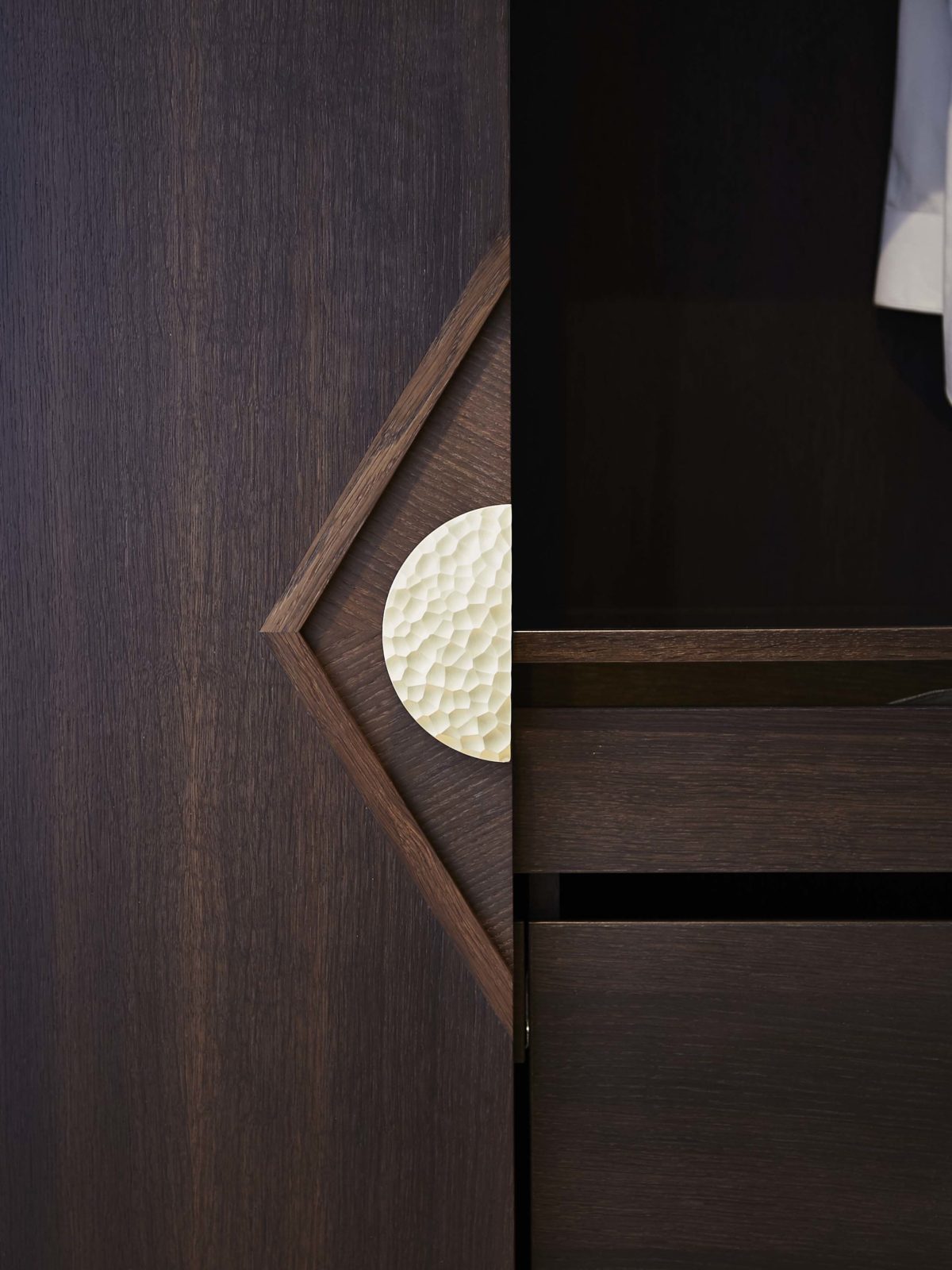 Fumed oak doors and carcass, marquetry diamond motif detail around Ged Kennet Handle.