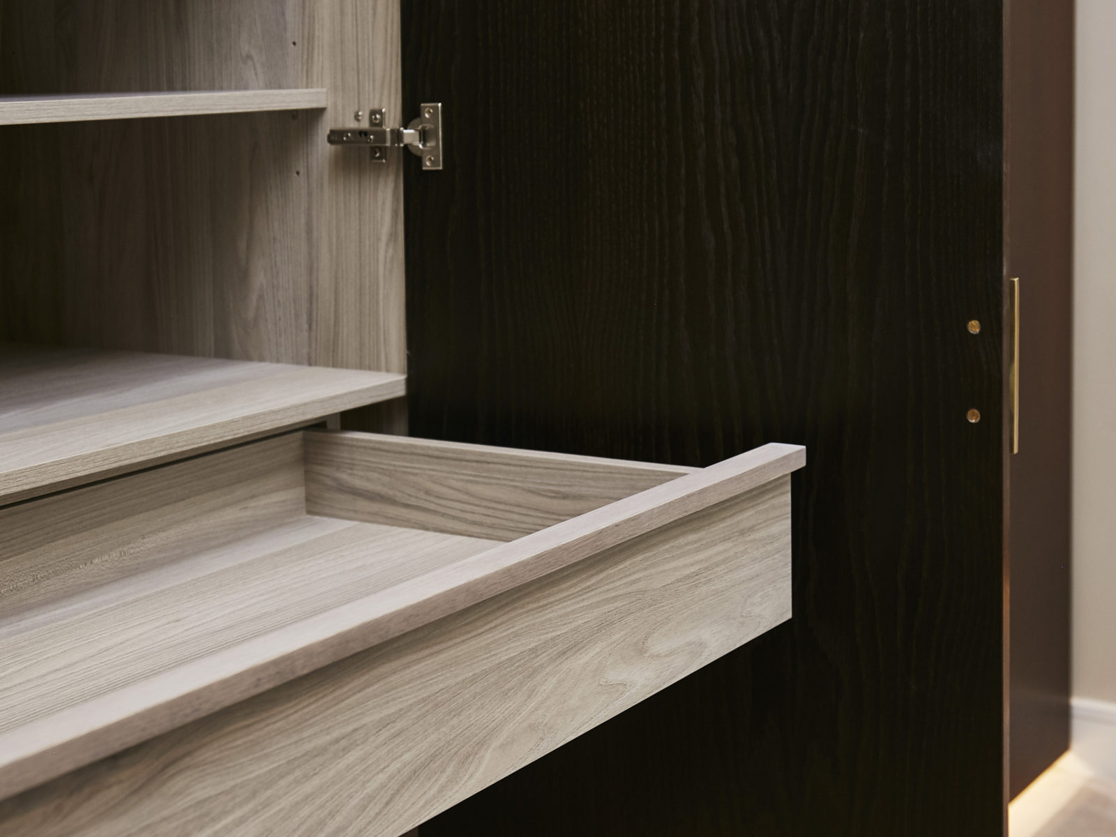 wood effect melamine carcass with solid drawer handle matching the carcass