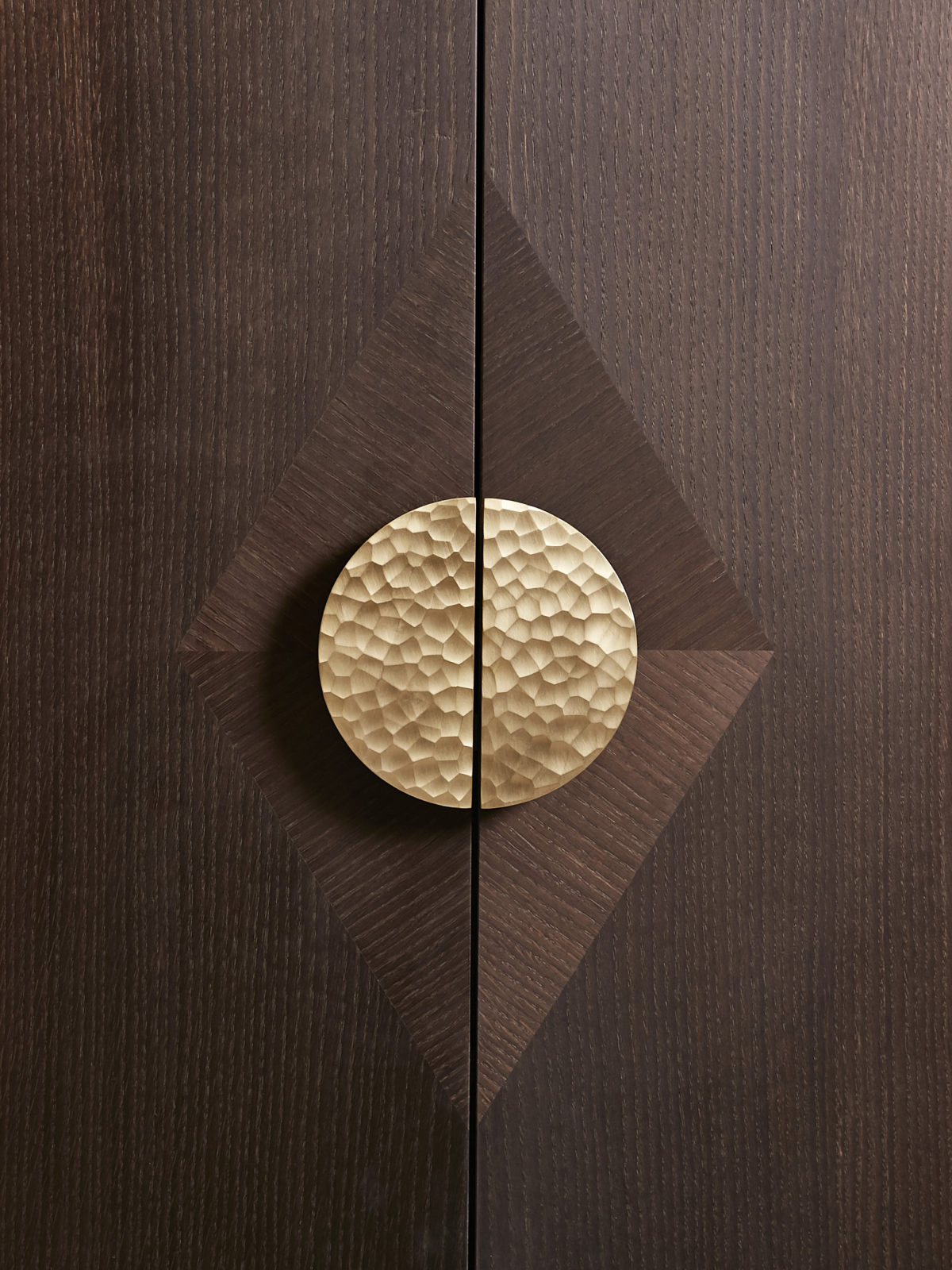 Fumed oak doors with diamond motif marquetry and Ged Kennet handle