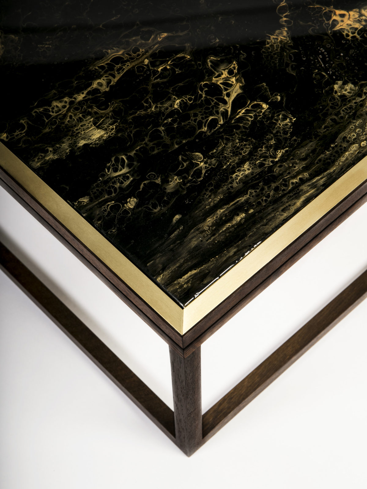 fumed oak coffee table frame with satin brass border