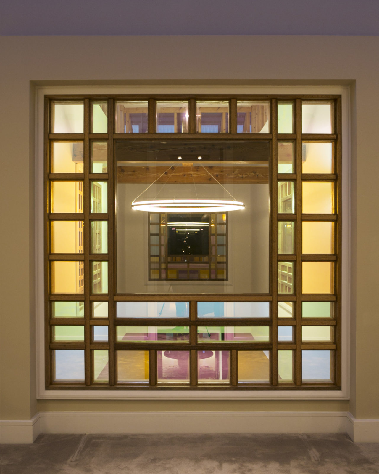 Dichroic glass and meranti frame internal window