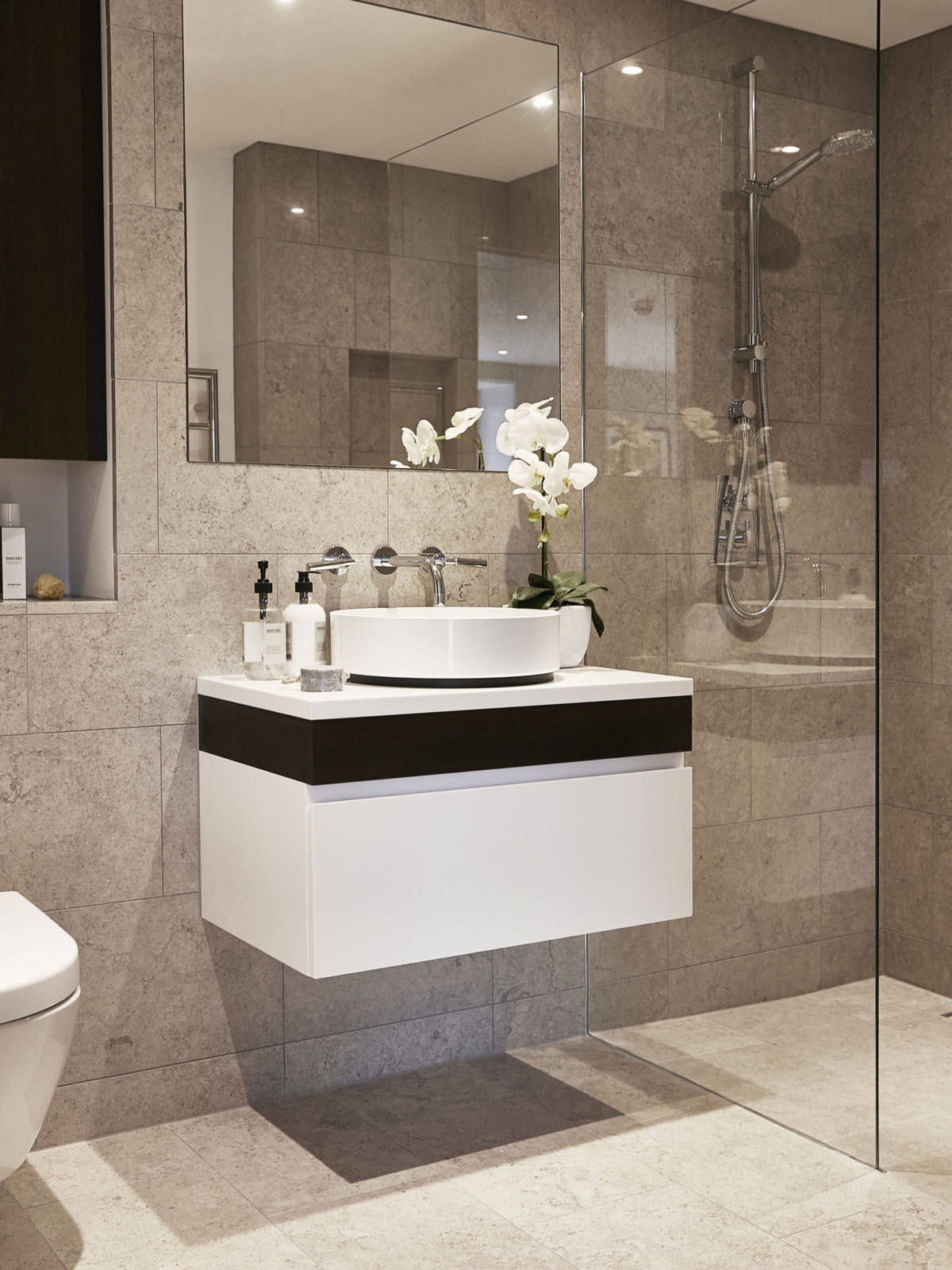 Bathroom with Corian and fumed oak vanity unit