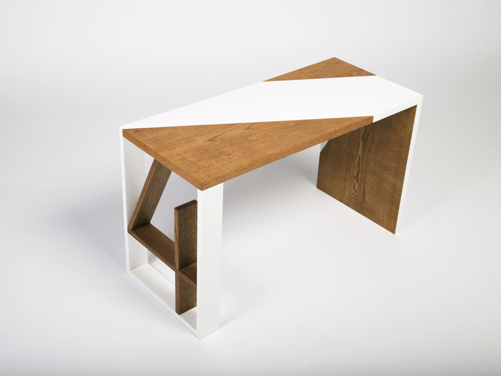 Oak veneer, solid oak and white lacquered bespoke desk