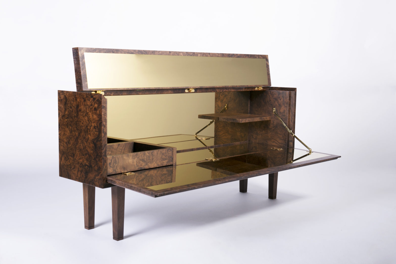 Open walnut burr veneer bar unit brass interior