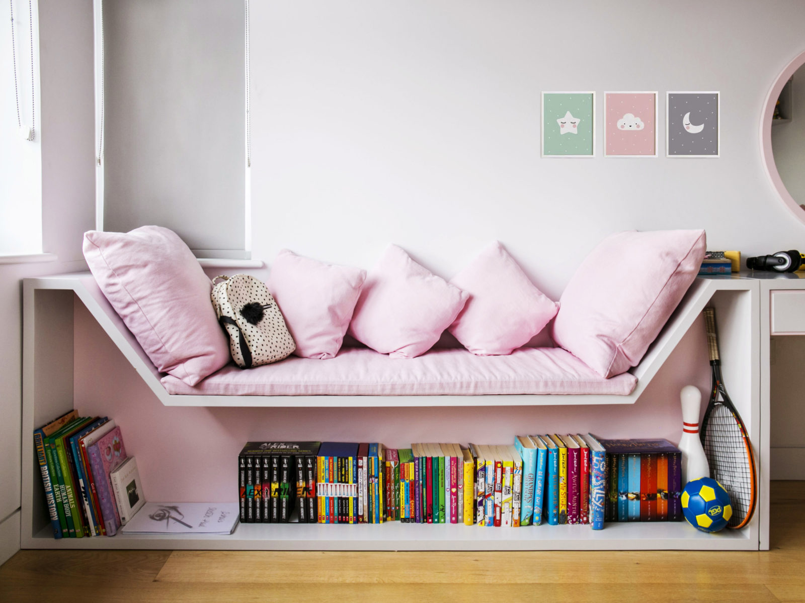 kids bespoke lacquered book shelf seating with cushions