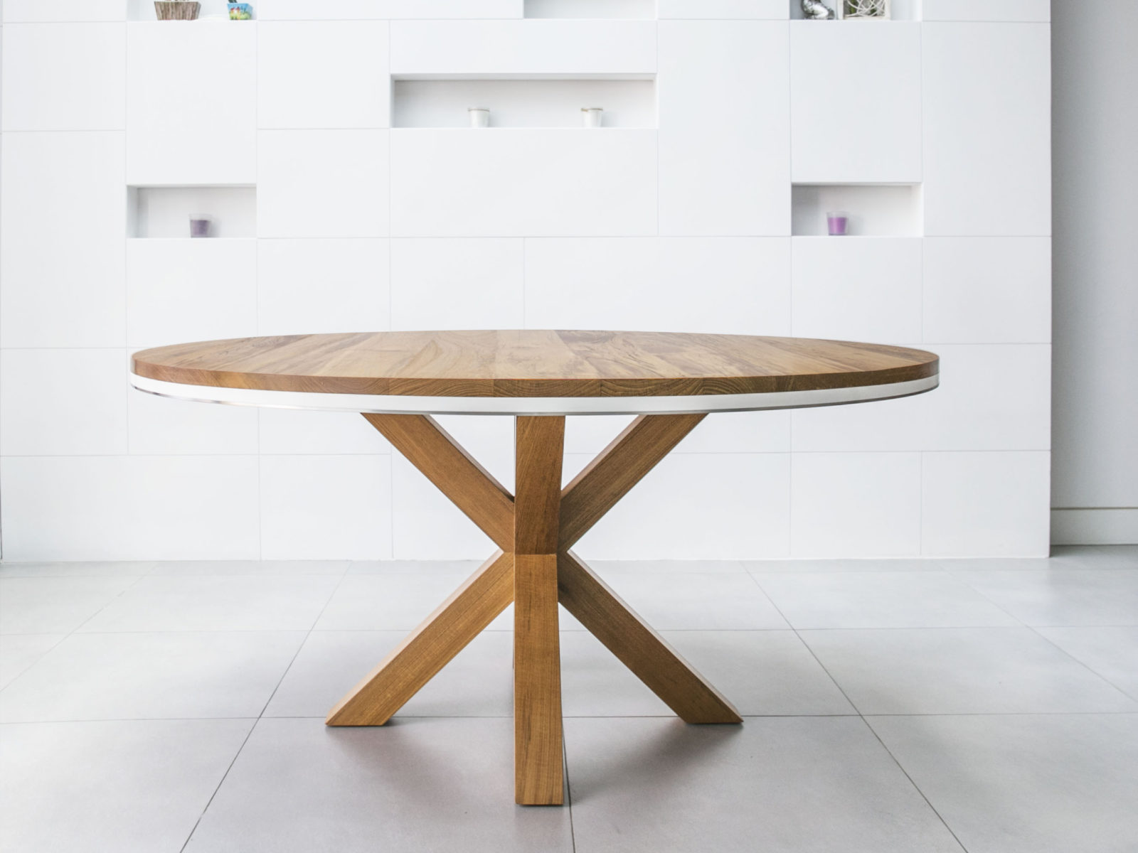 Round teak dining table with X solid legs