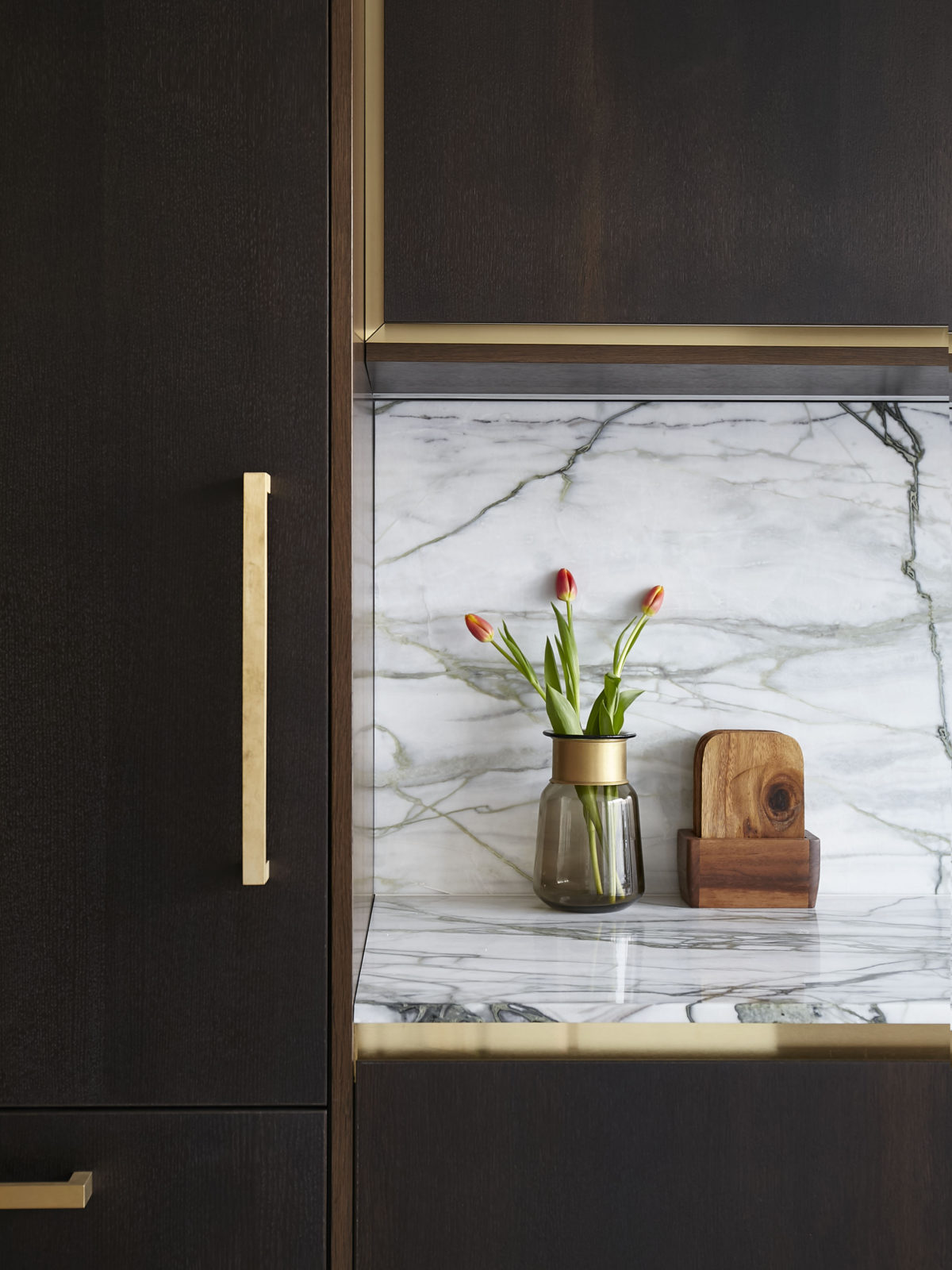 fumed oak kitchen, calacatta marble, satin brass bespoke handles, handless kitchen units