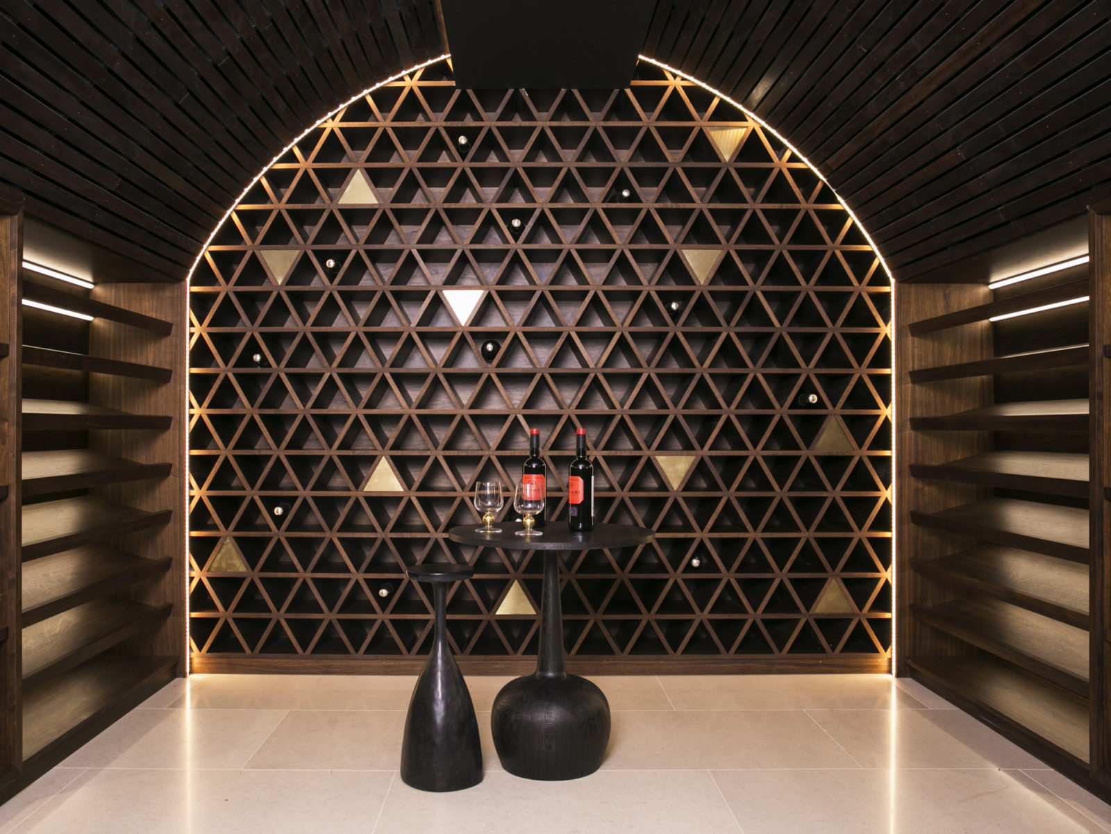 curved cellar with feature wall and LED lighting