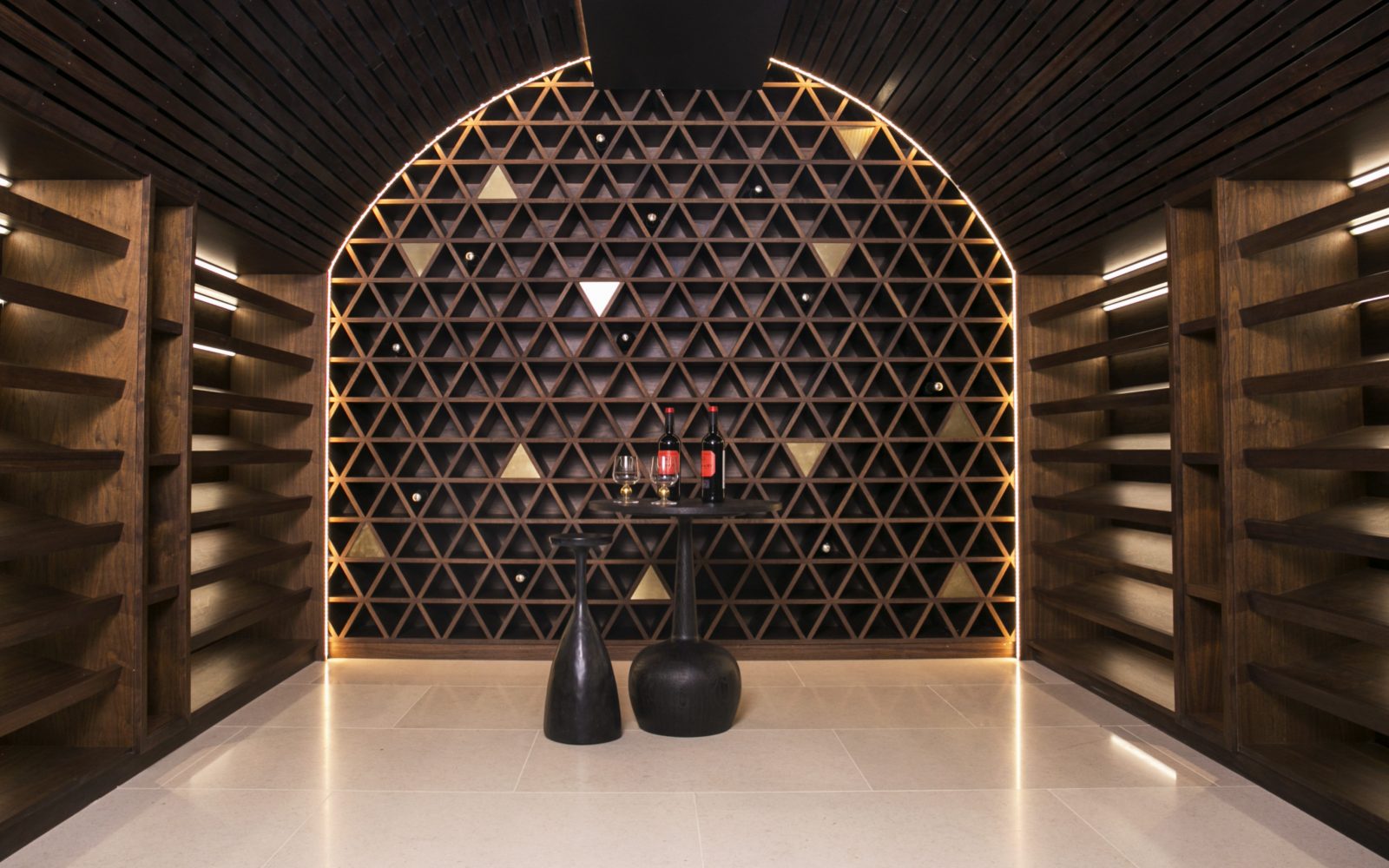 curved cellar with feature wall and LED lighting